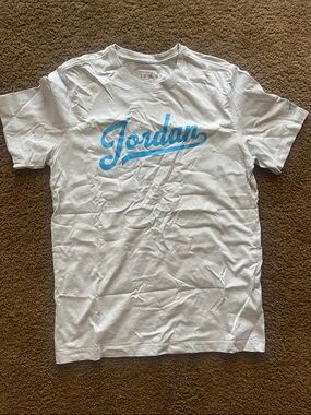 Jordan White Tee with Sky Blue Script Logo